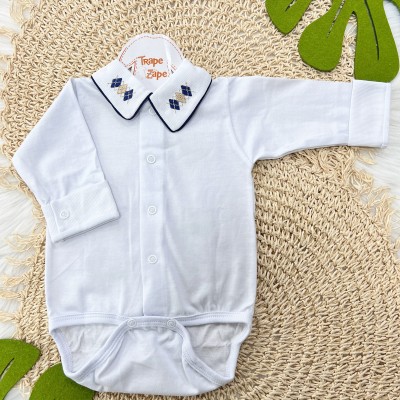 Body gola bordada- losango marinho e bege